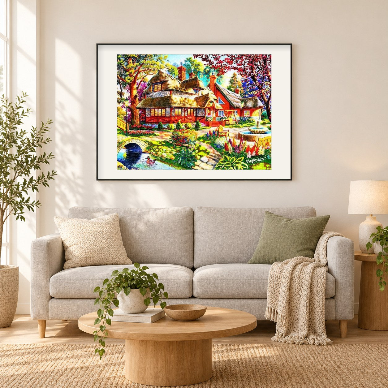 Das Traumhaus als gerahmtes Diamond Painting im Wohnzimmer