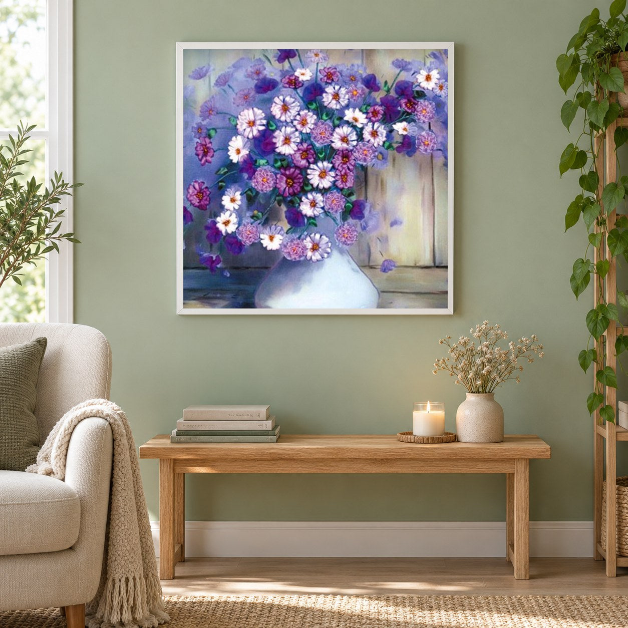 Dekorative Blumen als gerahmtes Diamond Painting im Wohnzimmer