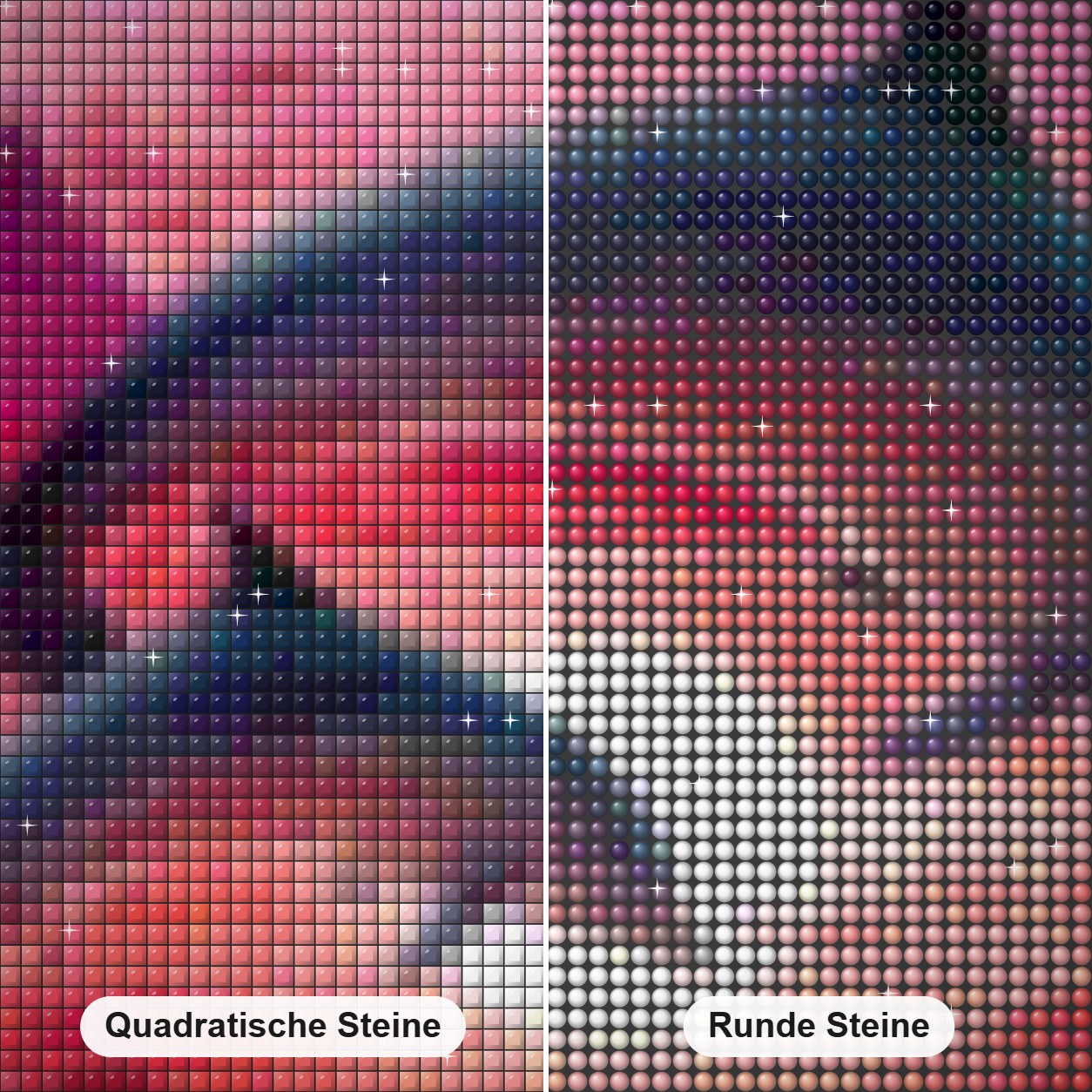 Delfin Paar Diamond Painting Nahaufnahme mit quadratischen und runden Steinen
