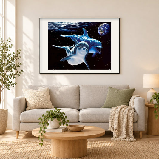 Delfine schwimmen im Weltraum als gerahmtes Diamond Painting im Wohnzimmer