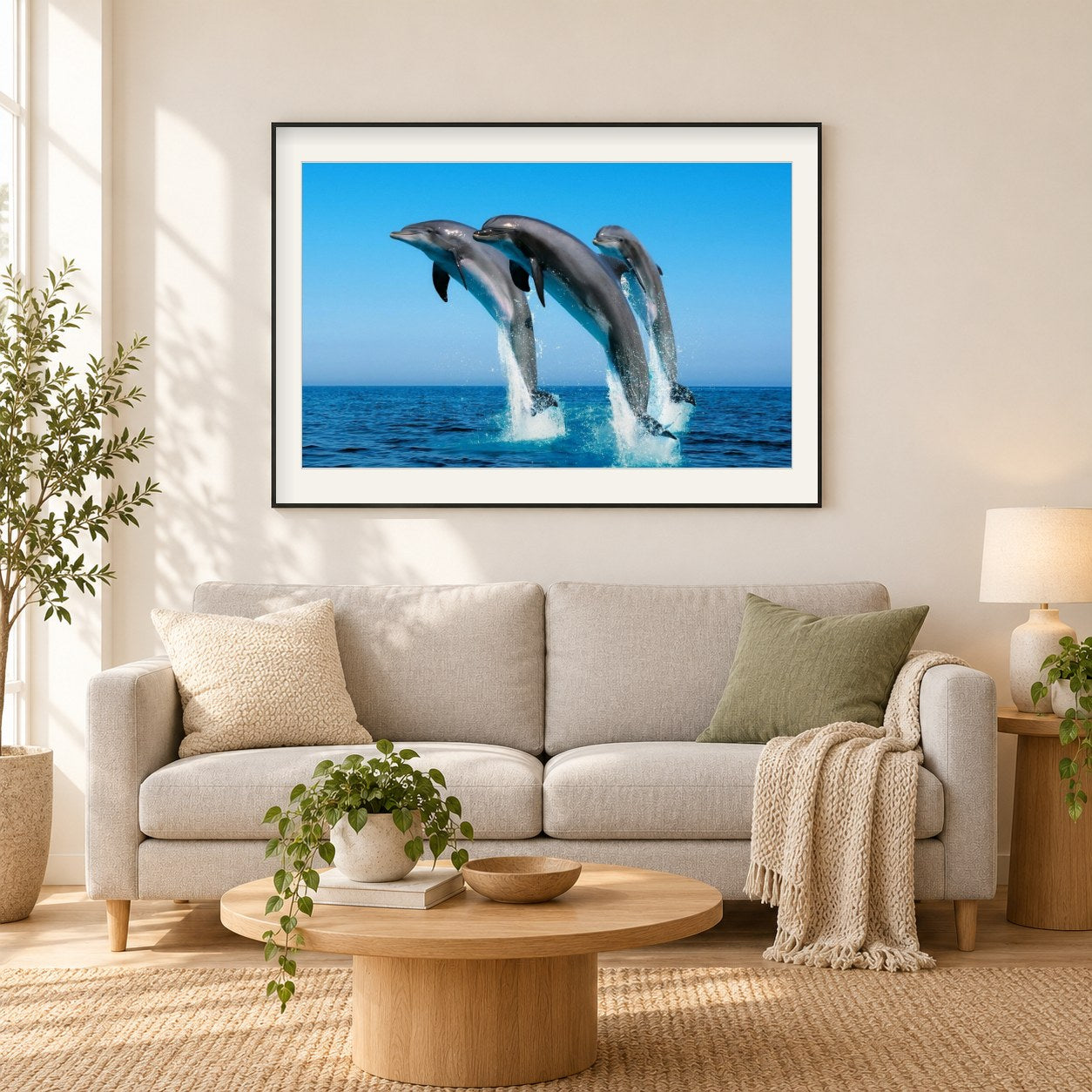 Delfine spielen im blauen Wasser als gerahmtes Diamond Painting im Wohnzimmer