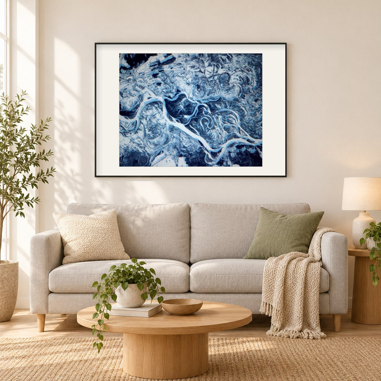 Der gefrorene wilde Dnjepr als gerahmtes Diamond Painting im Wohnzimmer