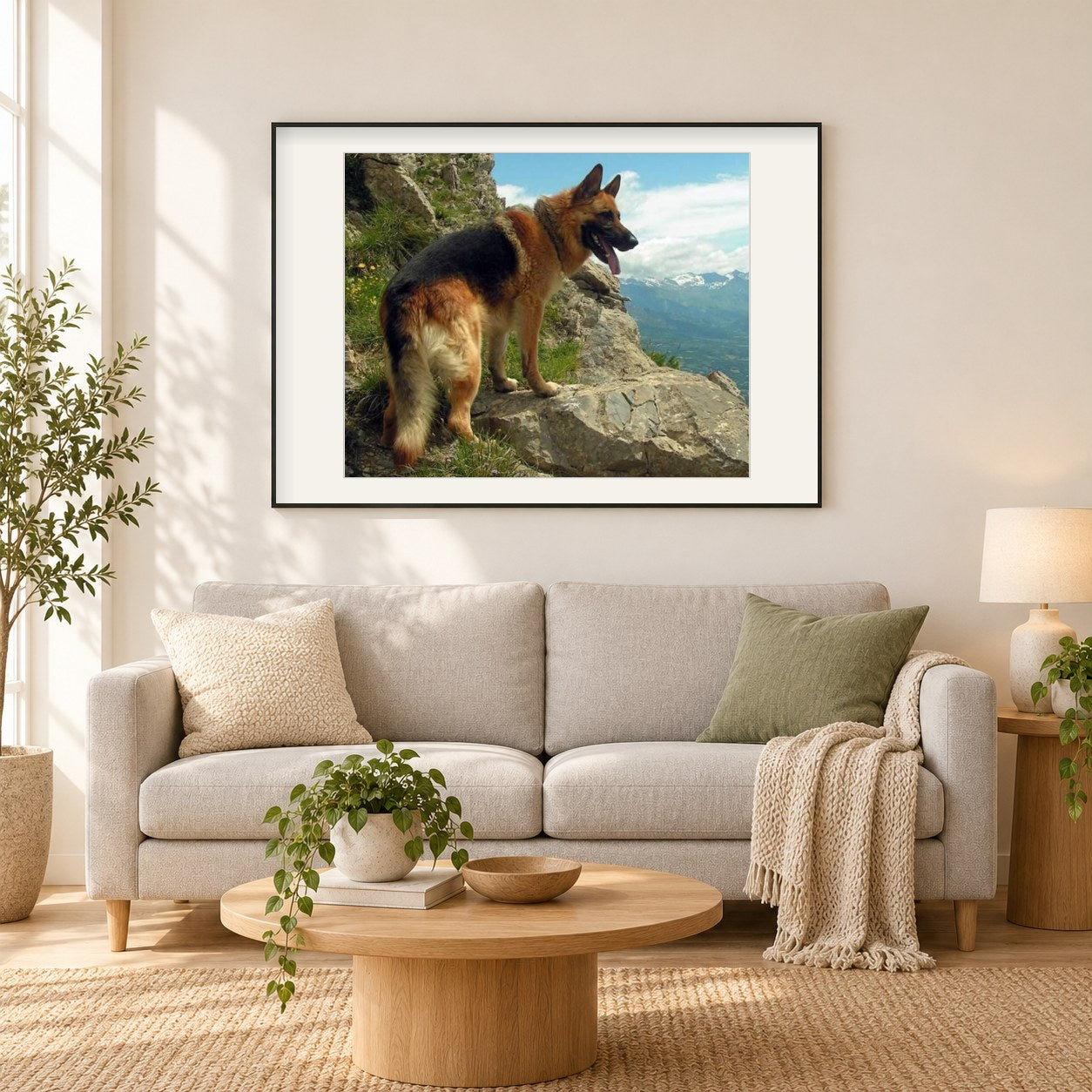 Deutscher Schäferhund in den Bergen als gerahmtes Diamond Painting im Wohnzimmer