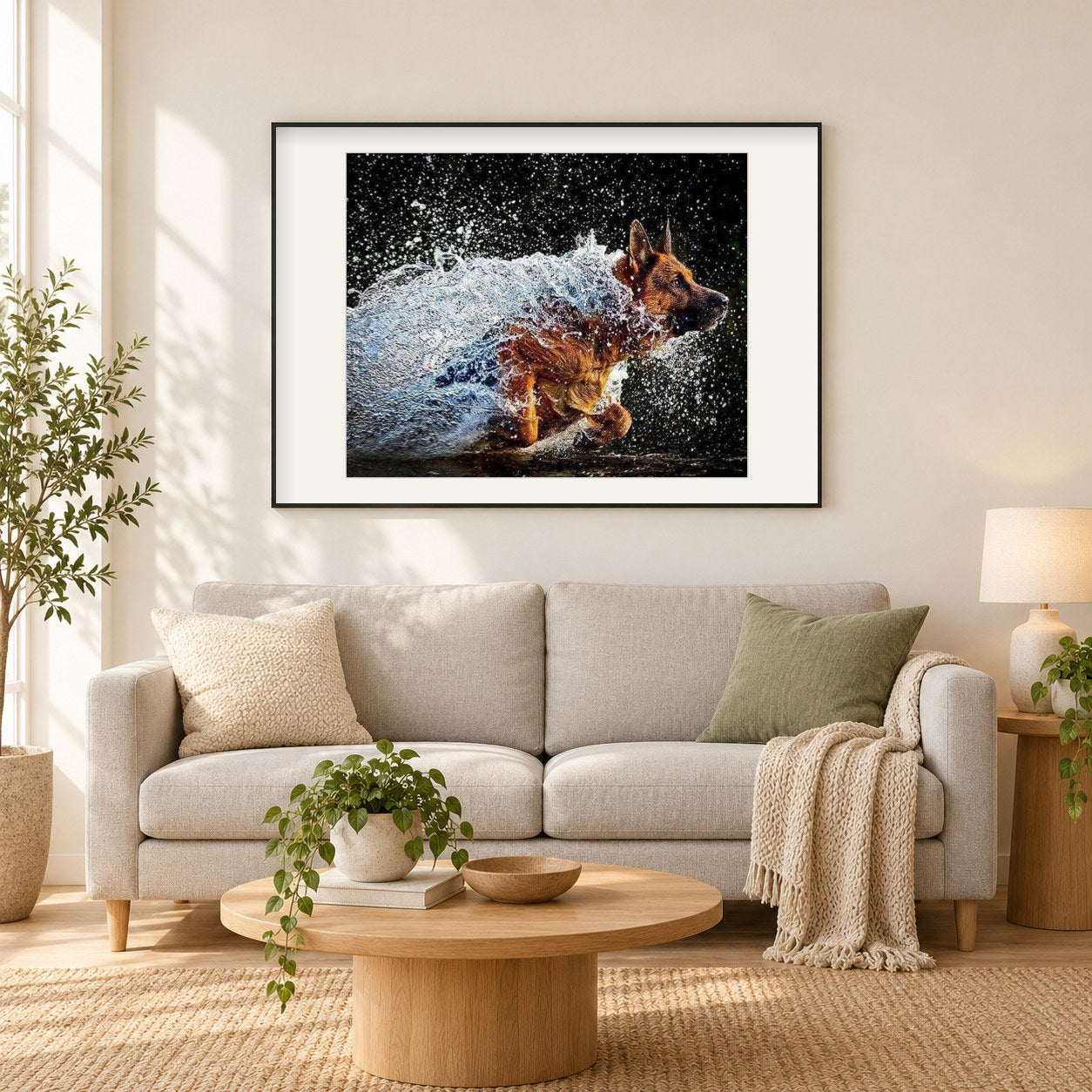 Deutscher Schäferhund läuf im Wasser als gerahmtes Diamond Painting im Wohnzimmer
