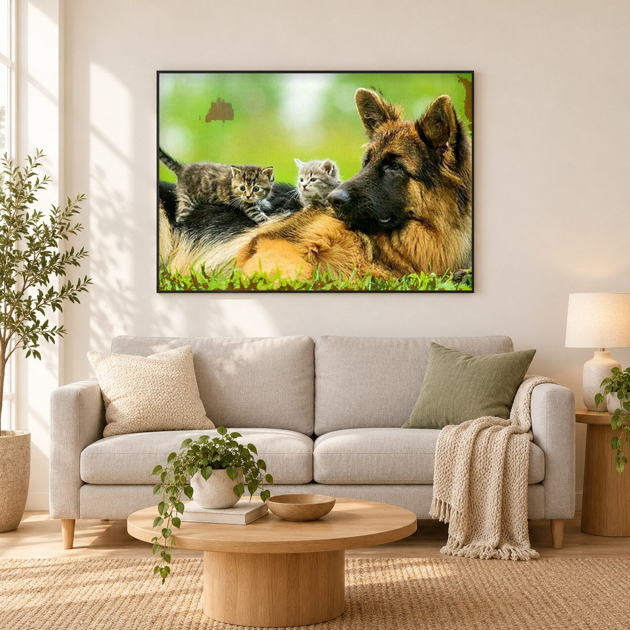 Deutscher Schäferhund mit süßen Kätzchen als gerahmtes Diamond Painting im Wohnzimmer