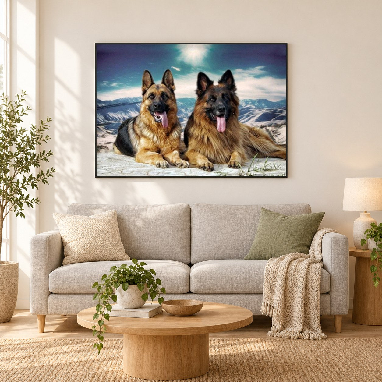 Deutsches Schäferhund-Paar als gerahmtes Diamond Painting im Wohnzimmer