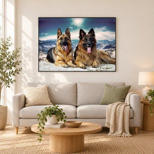 Deutsches Schäferhund-Paar als gerahmtes Diamond Painting im Wohnzimmer