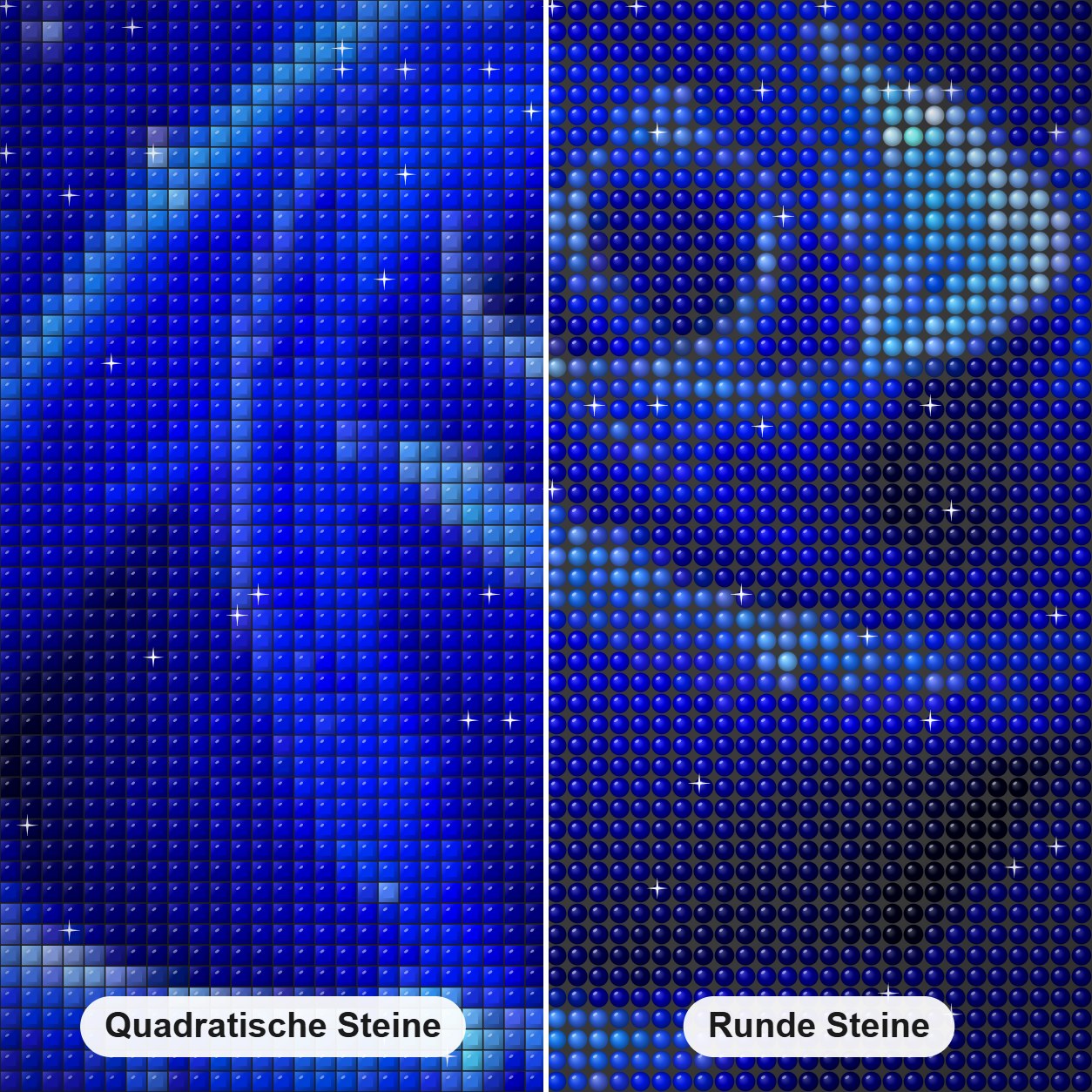 Diamantblaue Rose Diamond Painting Nahaufnahme mit quadratischen und runden Steinen