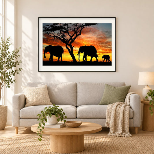 Diamond Painting der afrikanischen Elefantenfamilie als gerahmtes Diamond Painting im Wohnzimmer