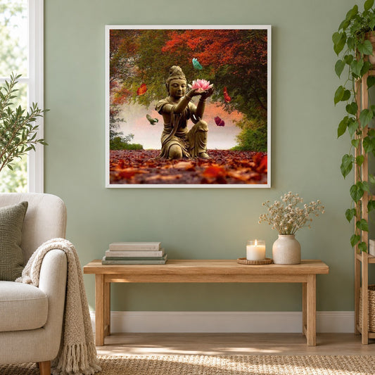 Diamond Painting des Klosters Po Lin als gerahmtes Diamond Painting im Wohnzimmer