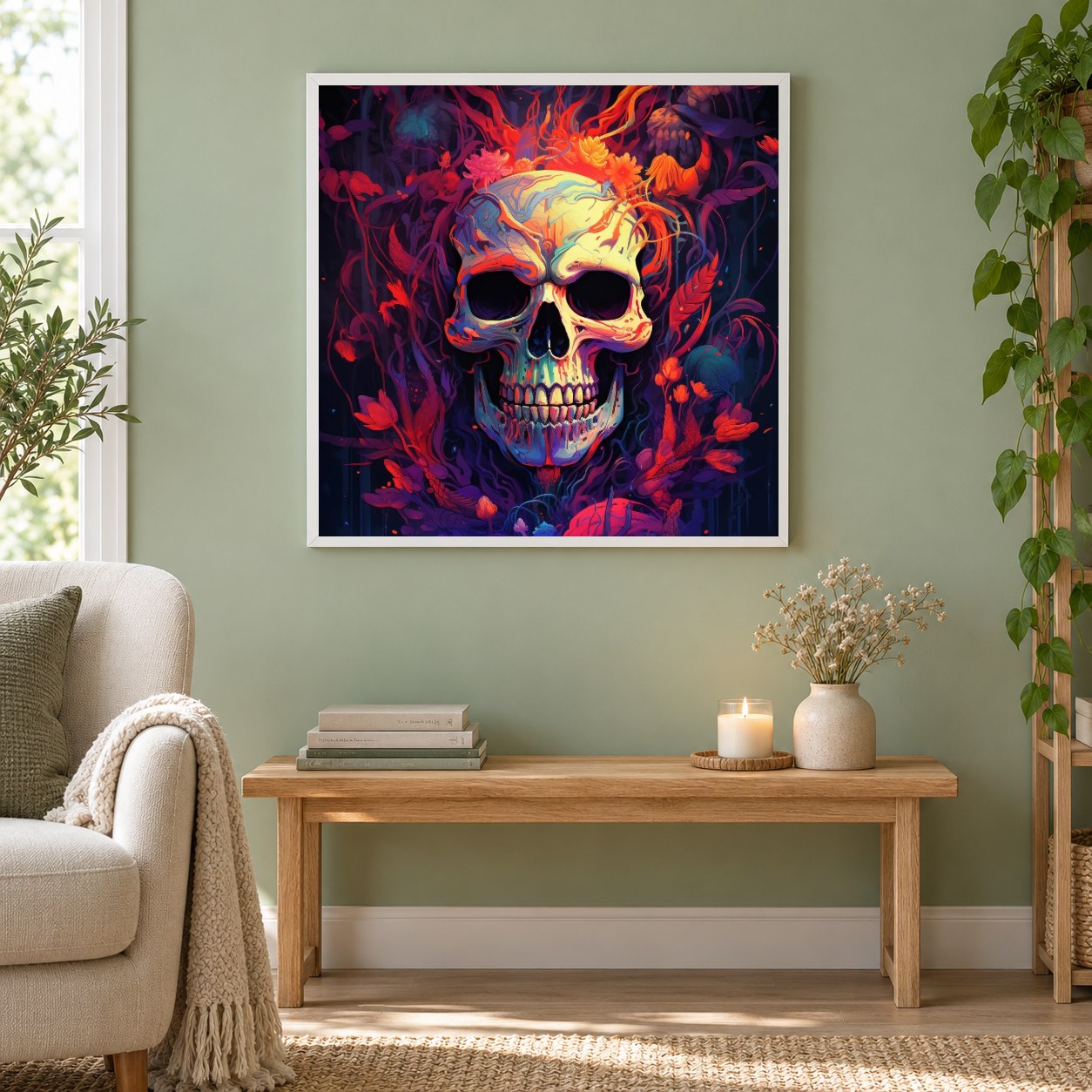 Totenkopf Kunst als gerahmtes Diamond Painting im Wohnzimmer