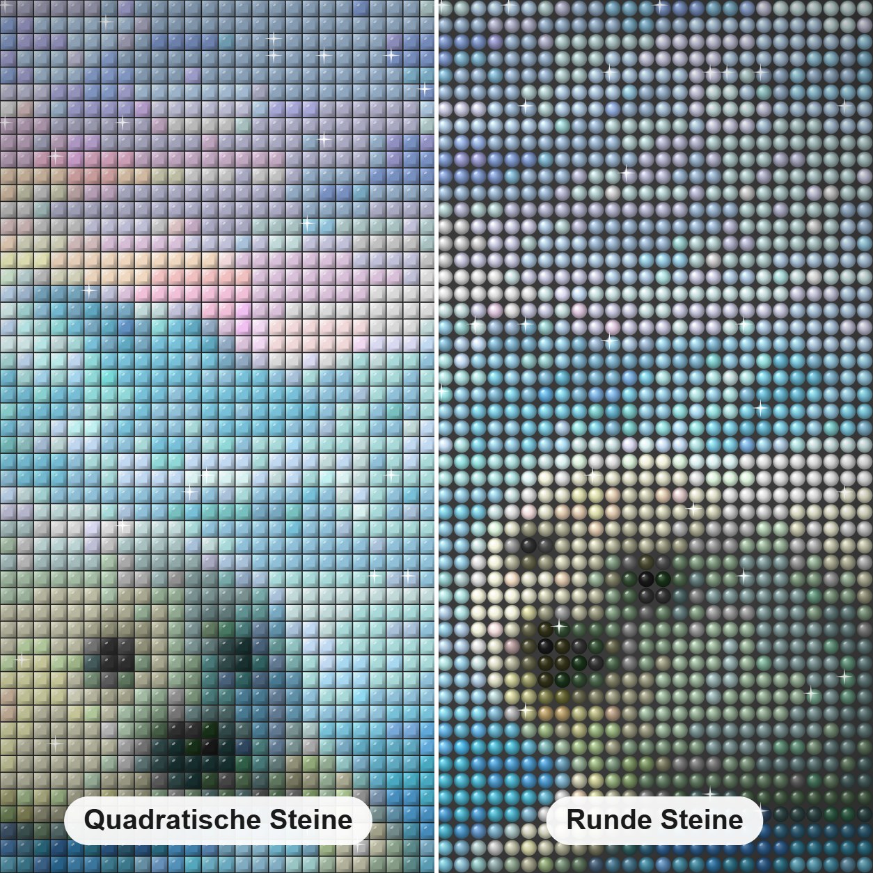 Dichtung Paar Diamond Painting Nahaufnahme mit quadratischen und runden Steinen