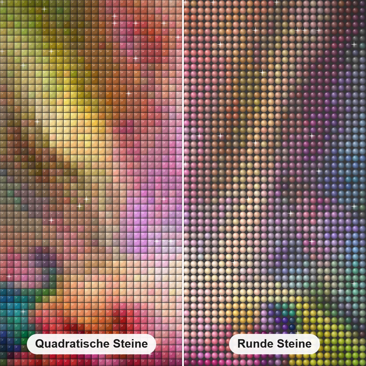 Die heilende Rose Diamond Painting Nahaufnahme mit quadratischen und runden Steinen