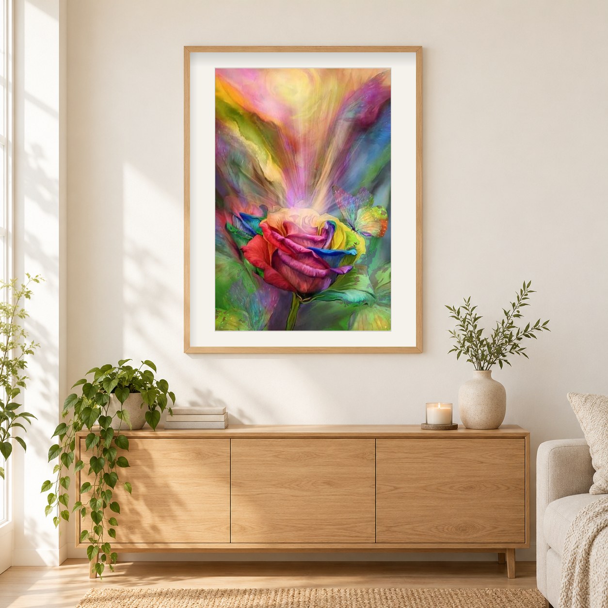 Die heilende Rose als gerahmtes Diamond Painting im Wohnzimmer
