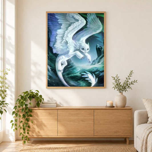 Die mythische Frostfeder als gerahmtes Diamond Painting im Wohnzimmer