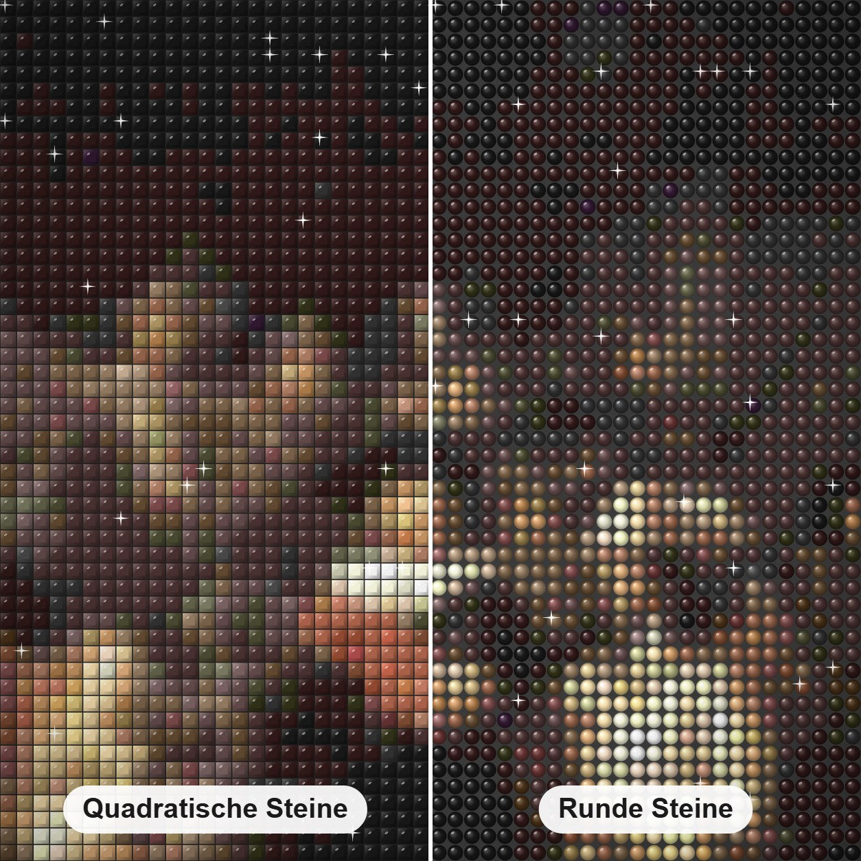 Die Nachtwache Diamond Painting Nahaufnahme mit quadratischen und runden Steinen