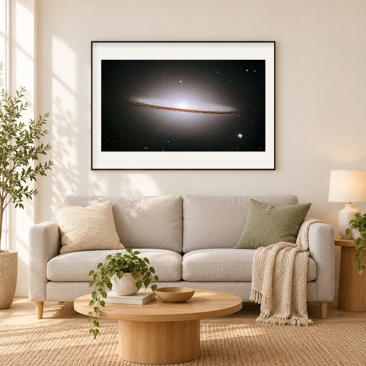 Die Sombrero-Galaxie als gerahmtes Diamond Painting im Wohnzimmer