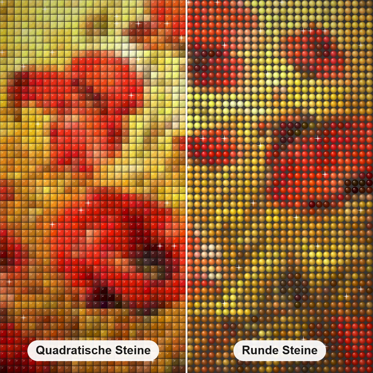 Die Sonne scheint in Mohnfeldern Diamond Painting Nahaufnahme mit quadratischen und runden Steinen