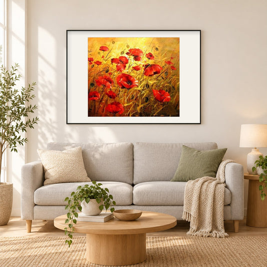 Die Sonne scheint in Mohnfeldern als gerahmtes Diamond Painting im Wohnzimmer