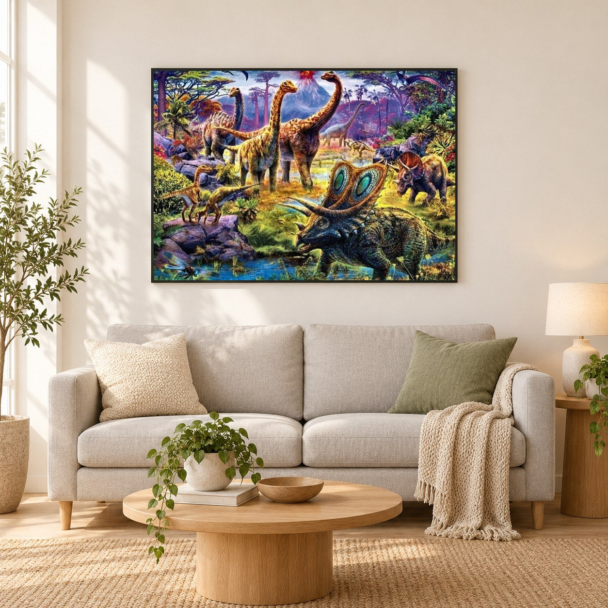 Dinosaurier Voll Bohren Mal-Kit als gerahmtes Diamond Painting im Wohnzimmer