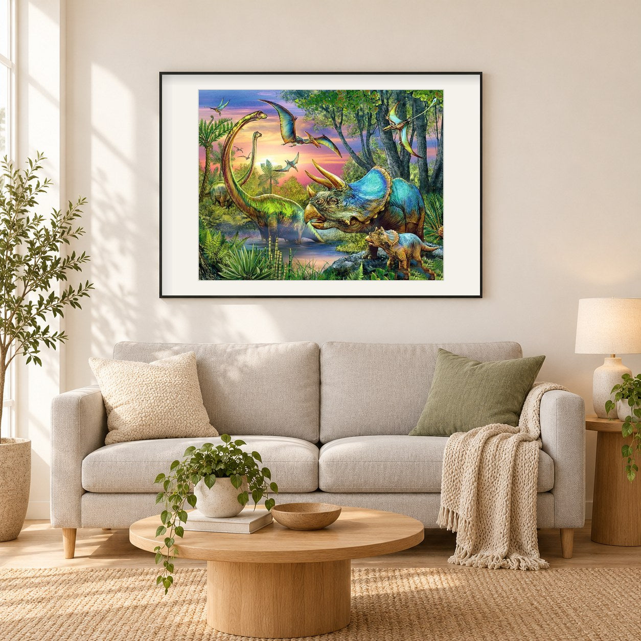 Dinosaurier Welt als gerahmtes Diamond Painting im Wohnzimmer