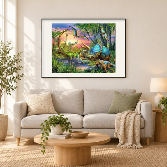 Dinosaurier Welt als gerahmtes Diamond Painting im Wohnzimmer