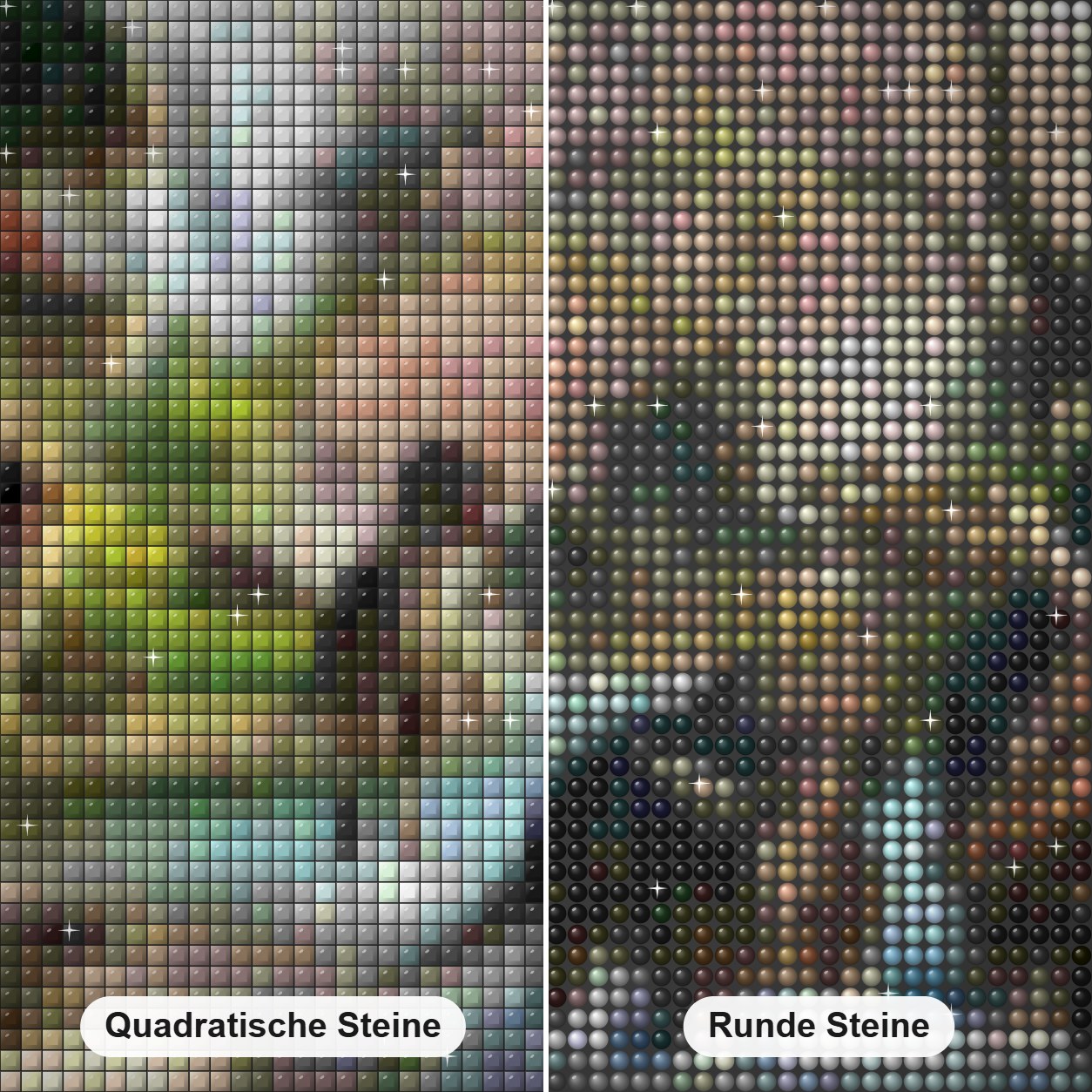 Dinosaurierarten Diamond Painting Nahaufnahme mit quadratischen und runden Steinen