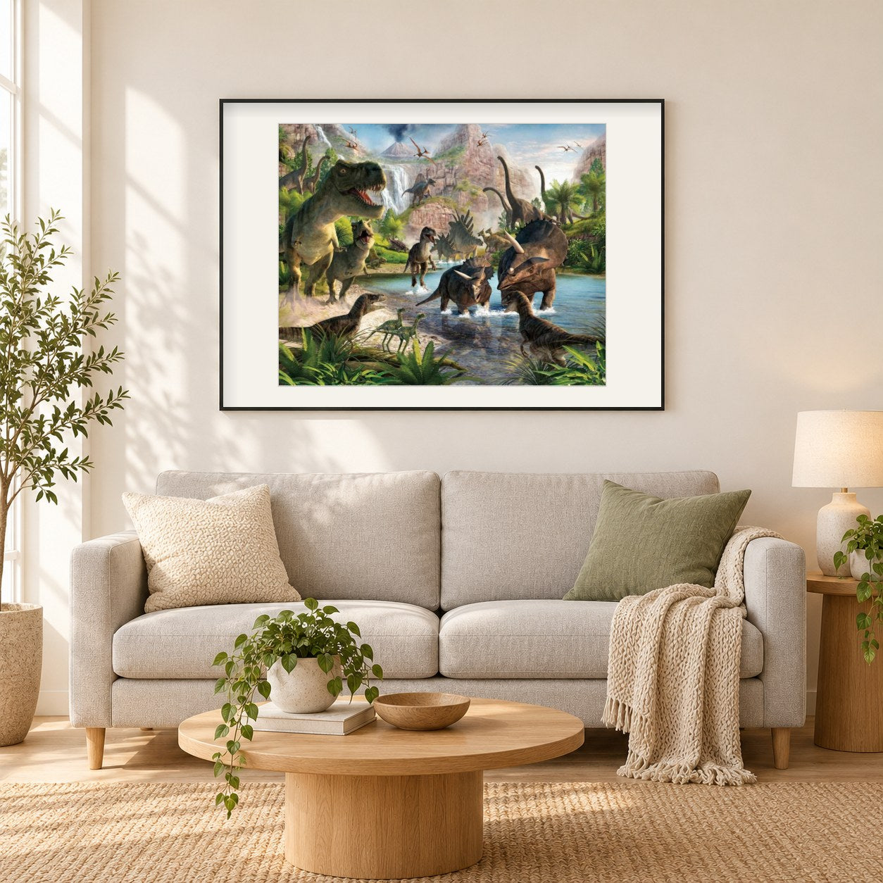 Dinosaurierarten als gerahmtes Diamond Painting im Wohnzimmer