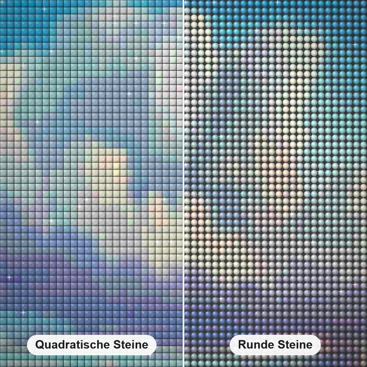 entfernte Geschenke - Kunst des Jonn Einerssen Diamond Painting Nahaufnahme mit quadratischen und runden Steinen