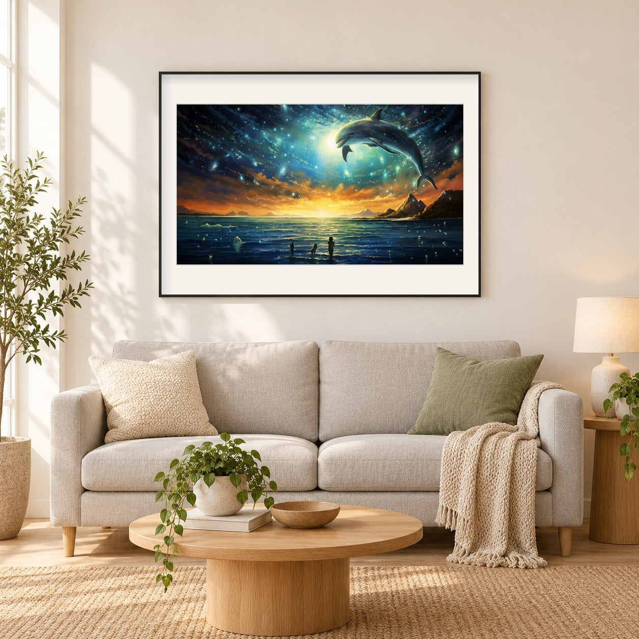 Delphinspringen in einer sternenklaren Nacht als gerahmtes Diamond Painting im Wohnzimmer