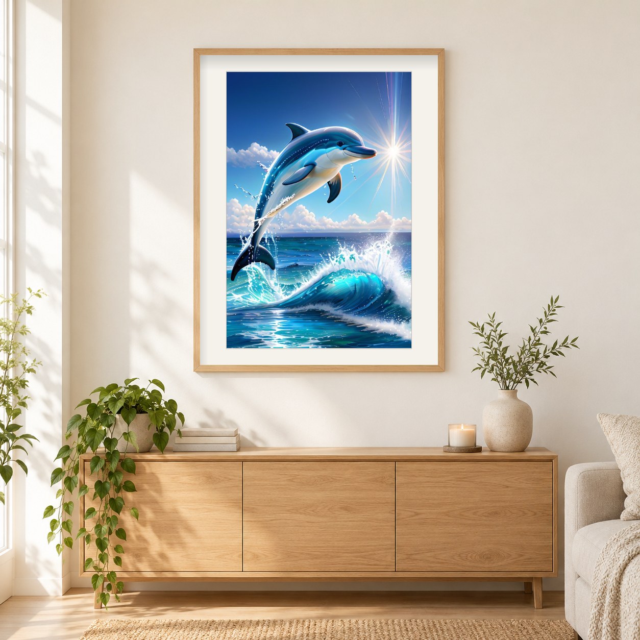Der großartige Sprung des Delfins als gerahmtes Diamond Painting im Wohnzimmer