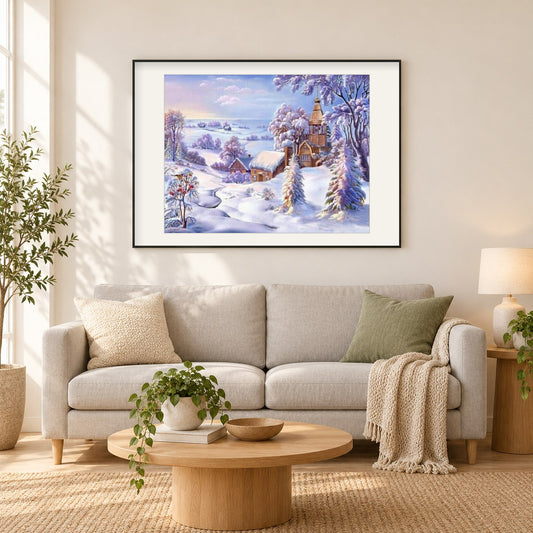 Dorf unter Schnee als gerahmtes Diamond Painting im Wohnzimmer
