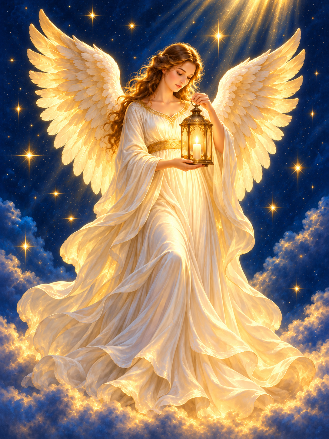 Diamond Painting Weihnachtsengel mit goldenen Flügeln und weißem Kleid hält eine leuchtende Laterne