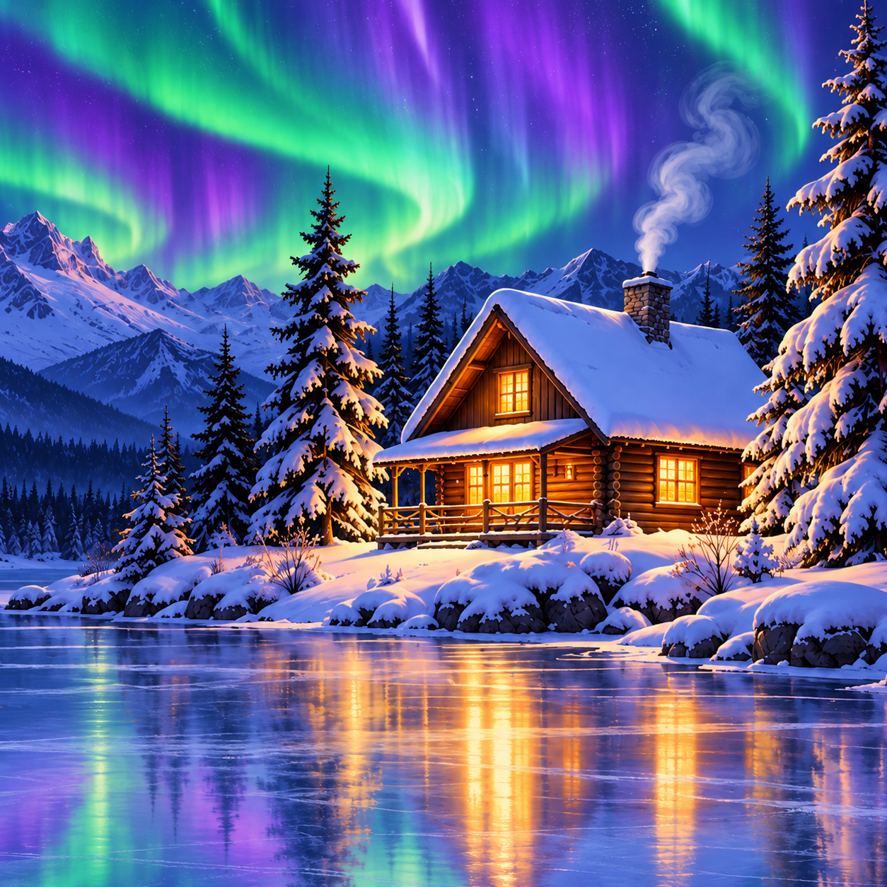 Detailansicht Diamond Painting Winterhütte am See mit Nordlicht