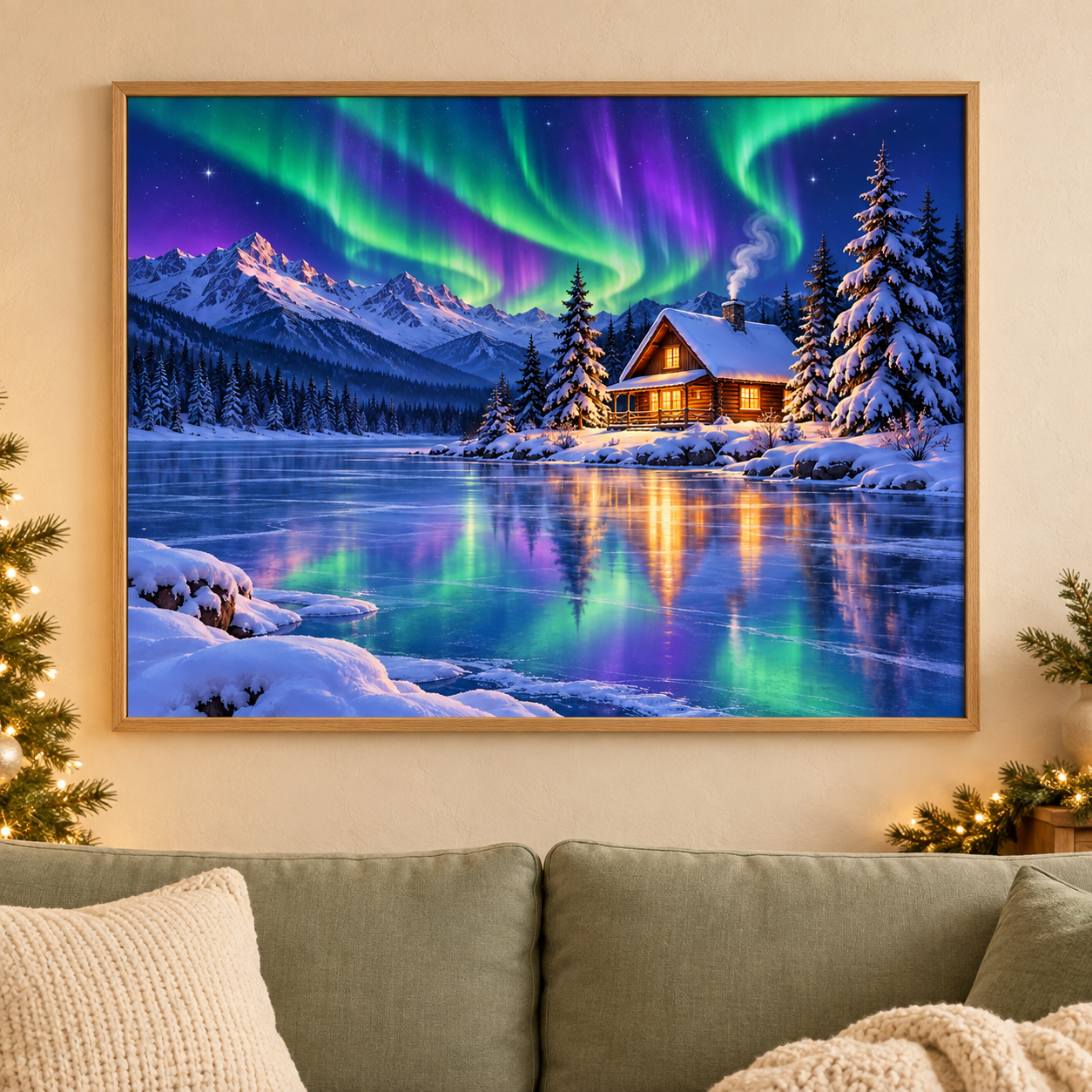 Diamond Painting Winterhütte am See mit Nordlicht gerahmt als Wandbild im weihnachtlichen Wohnzimmer