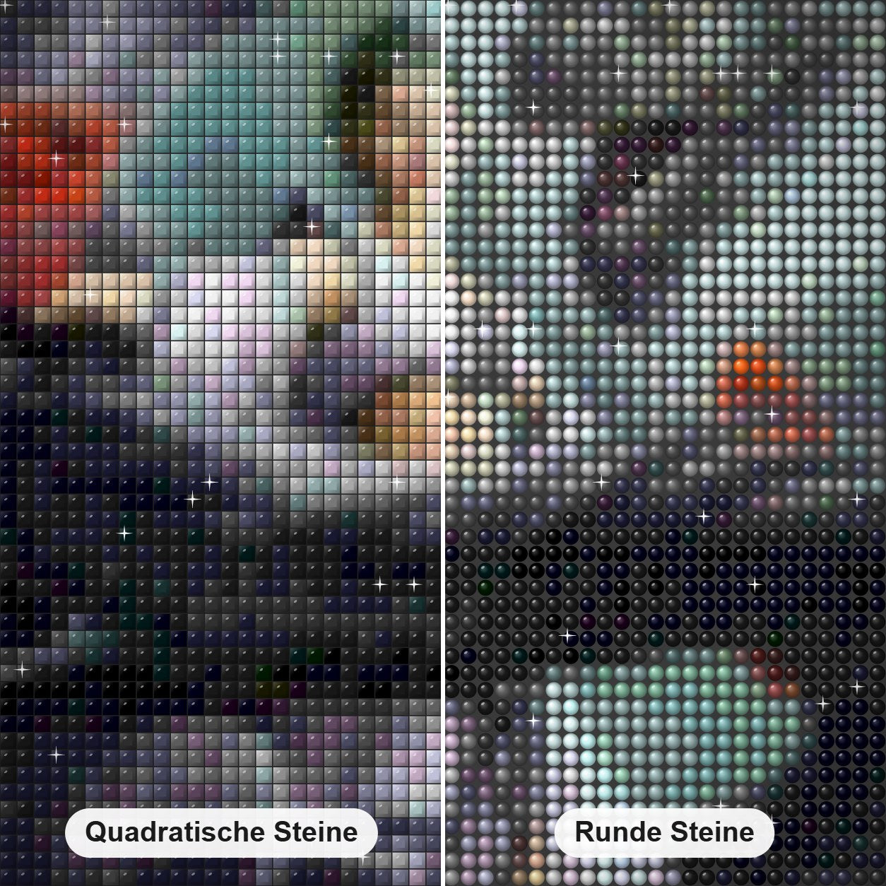 Drache & Mädchen Diamond Painting Nahaufnahme mit quadratischen und runden Steinen