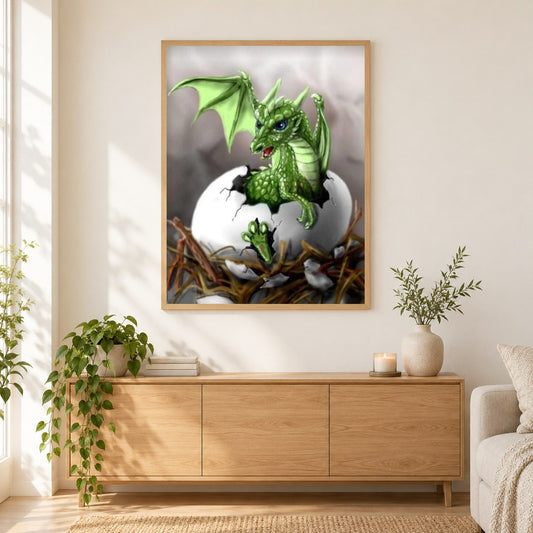 Drachen schlüpfen als gerahmtes Diamond Painting im Wohnzimmer