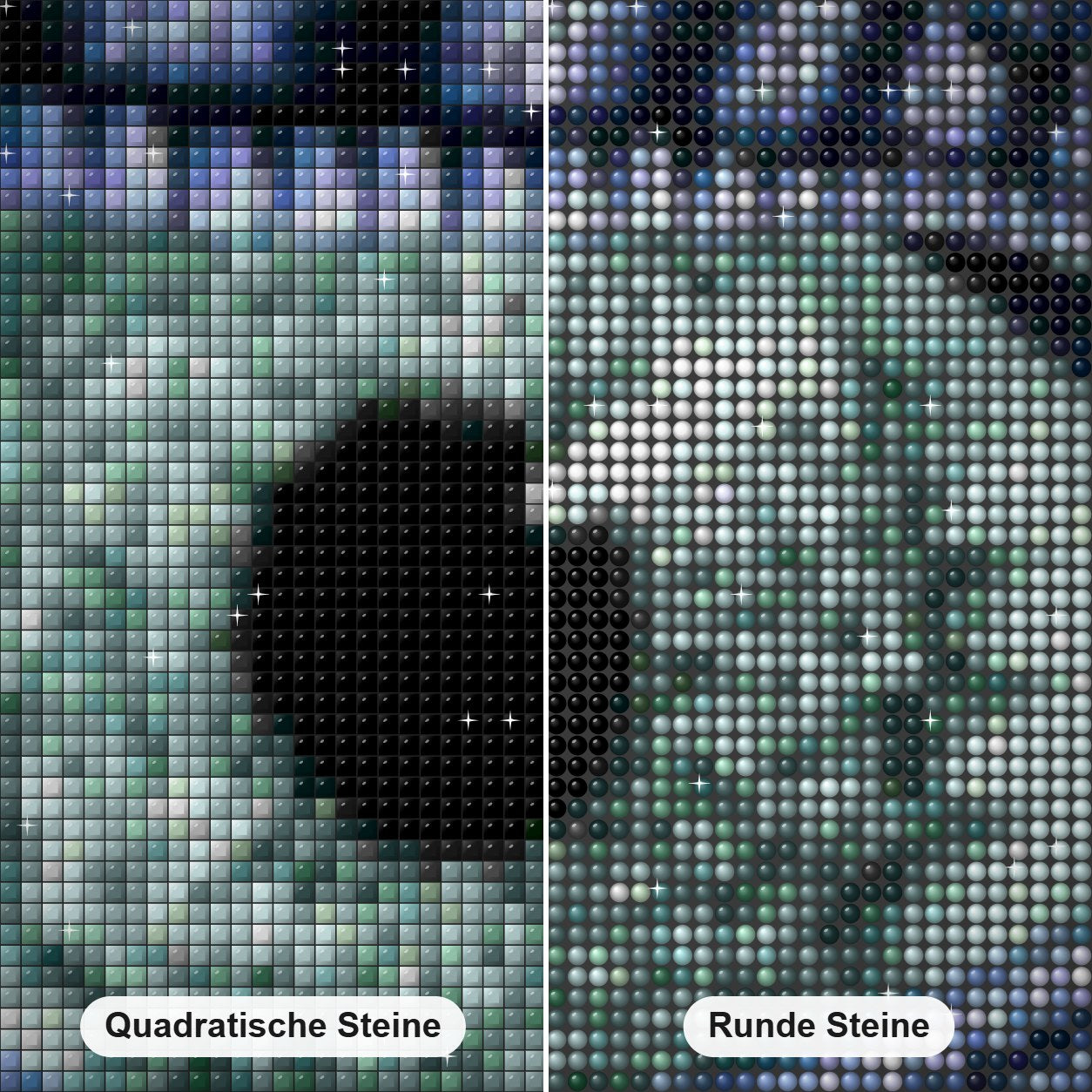 Drachenauge Diamond Painting Nahaufnahme mit quadratischen und runden Steinen