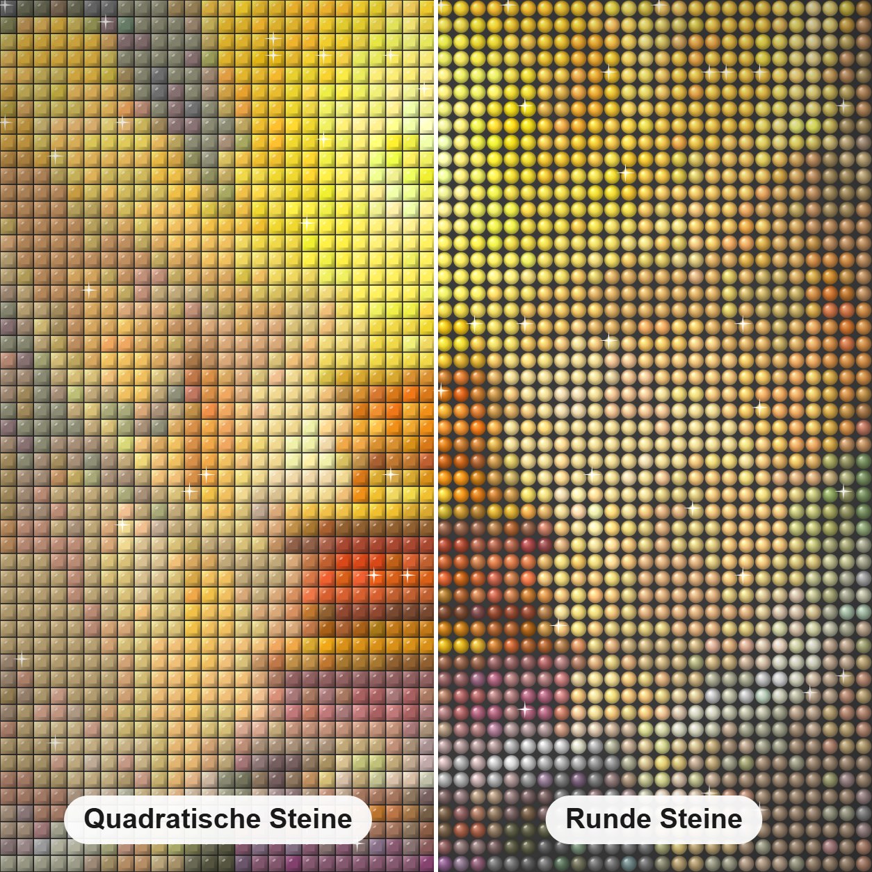 Drachenschatz Diamond Painting Nahaufnahme mit quadratischen und runden Steinen
