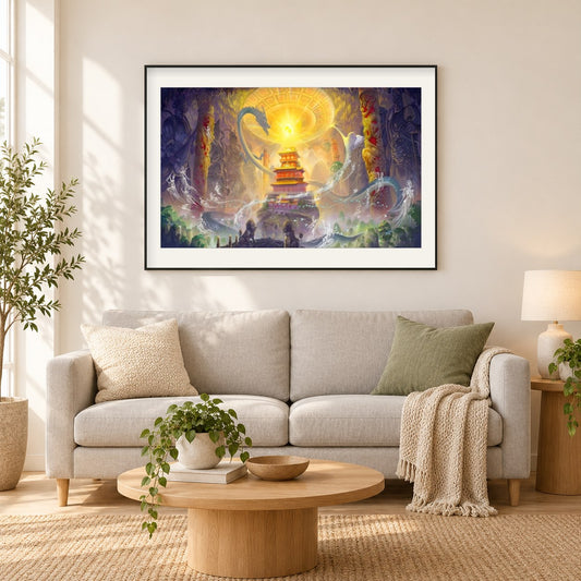Drachenschatz als gerahmtes Diamond Painting im Wohnzimmer