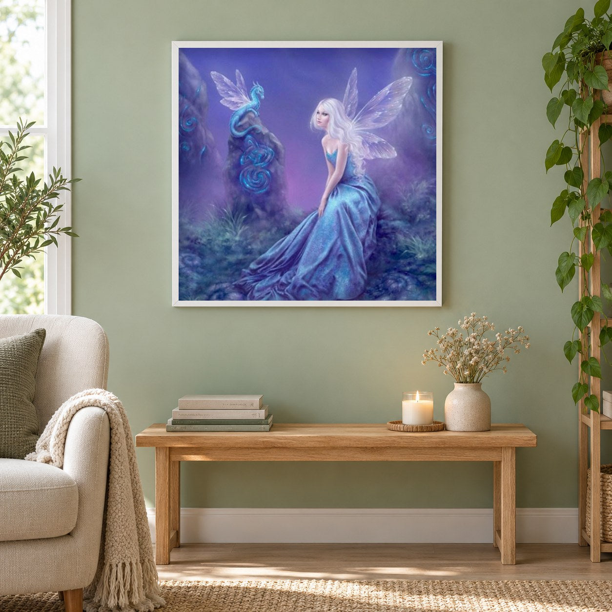 Dragon & Fairy Art als gerahmtes Diamond Painting im Wohnzimmer