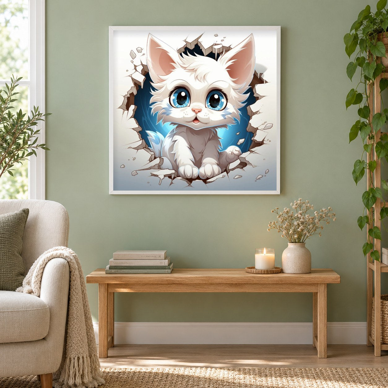 Verträumte Augen der weißen Katze als gerahmtes Diamond Painting im Wohnzimmer