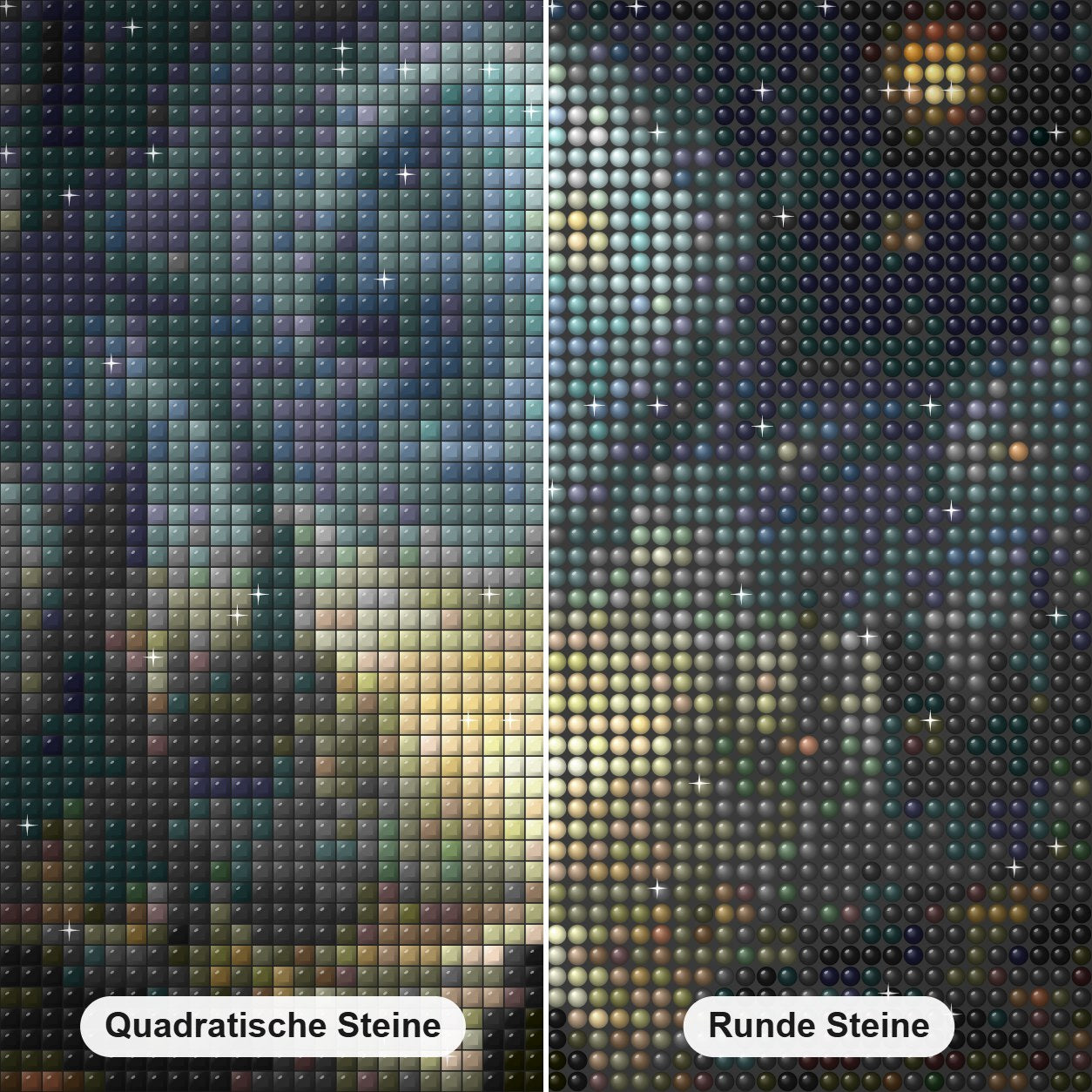 Dreamy World Diamond Painting Nahaufnahme mit quadratischen und runden Steinen