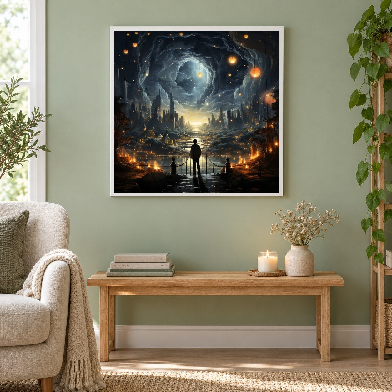 Dreamy World als gerahmtes Diamond Painting im Wohnzimmer
