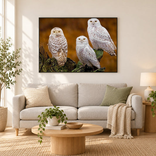 Drei atemberaubende weiße Eulen als gerahmtes Diamond Painting im Wohnzimmer
