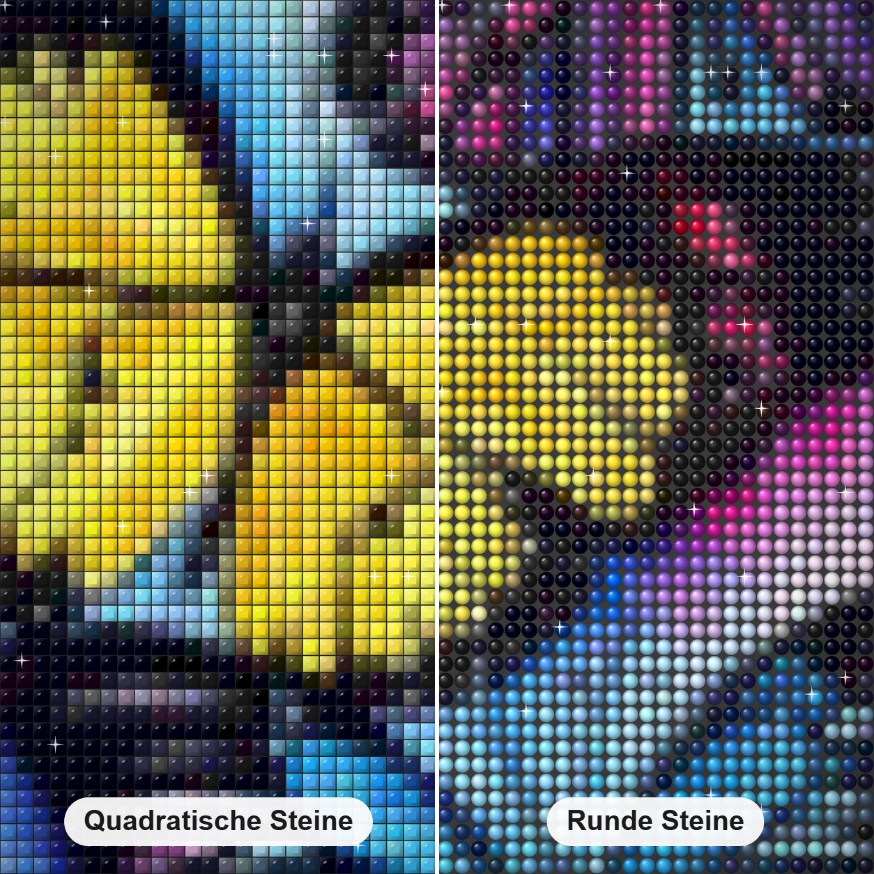 Drei bunte Schmetterlinge Diamond Painting Nahaufnahme mit quadratischen und runden Steinen