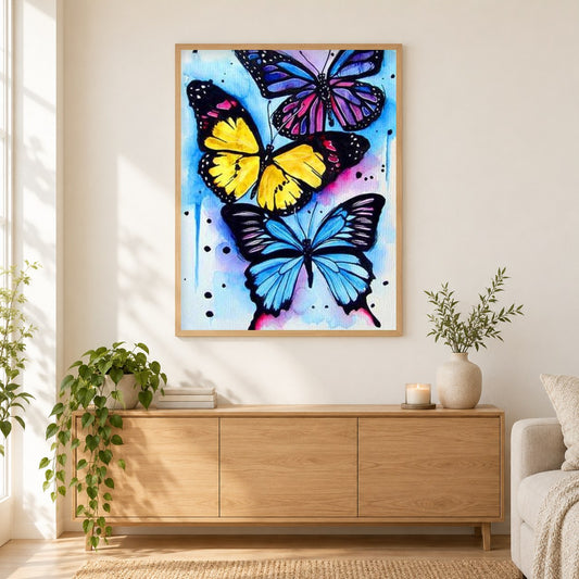 Drei bunte Schmetterlinge als gerahmtes Diamond Painting im Wohnzimmer