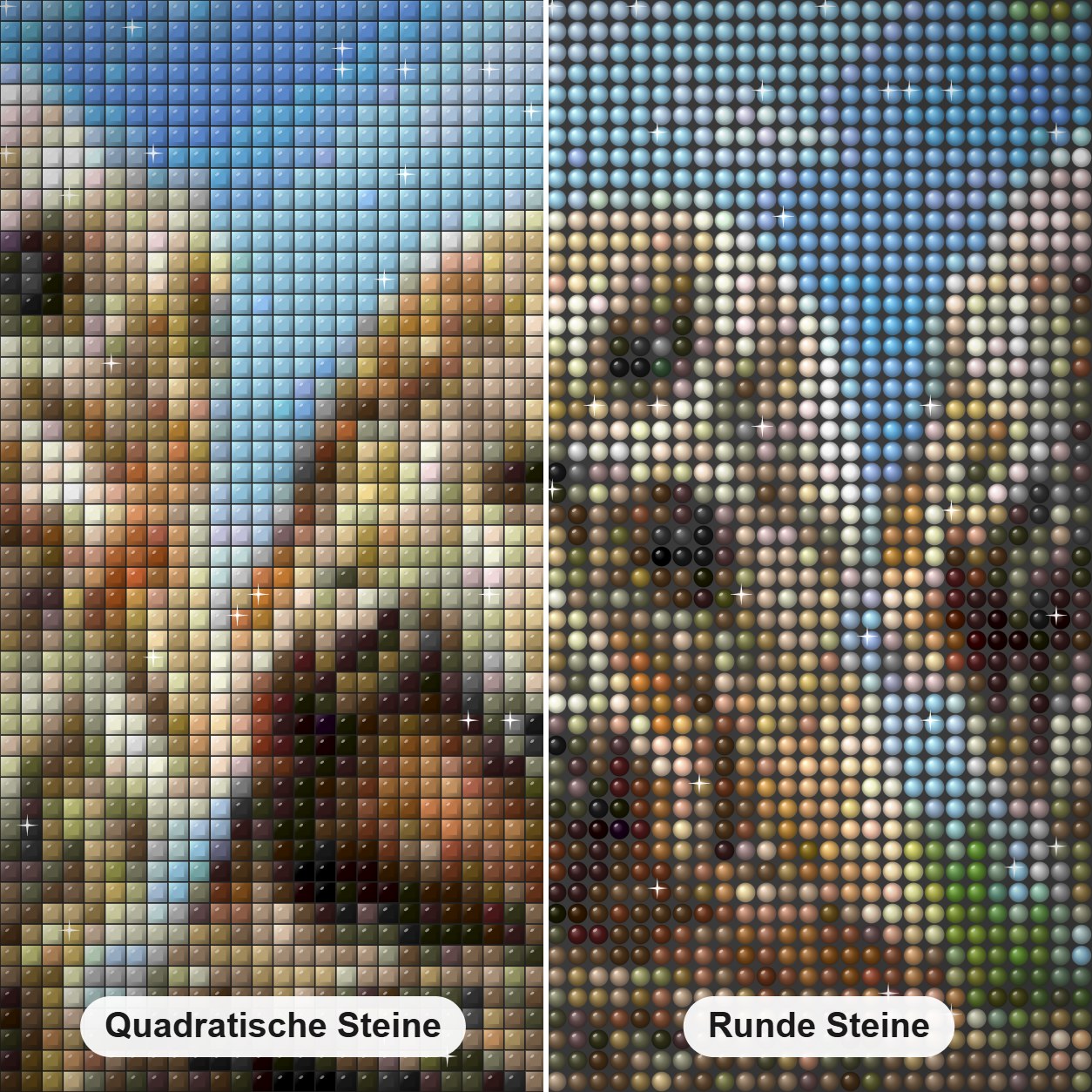 Drei Eulen am Baum Diamond Painting Nahaufnahme mit quadratischen und runden Steinen