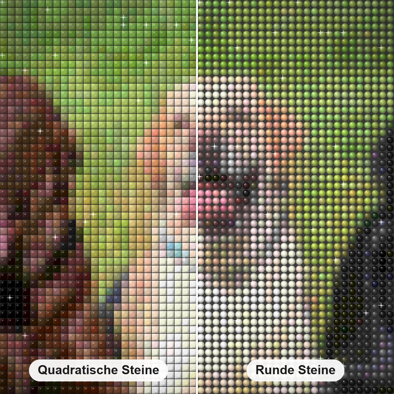 Drei Labrador Retriever Diamond Painting Nahaufnahme mit quadratischen und runden Steinen