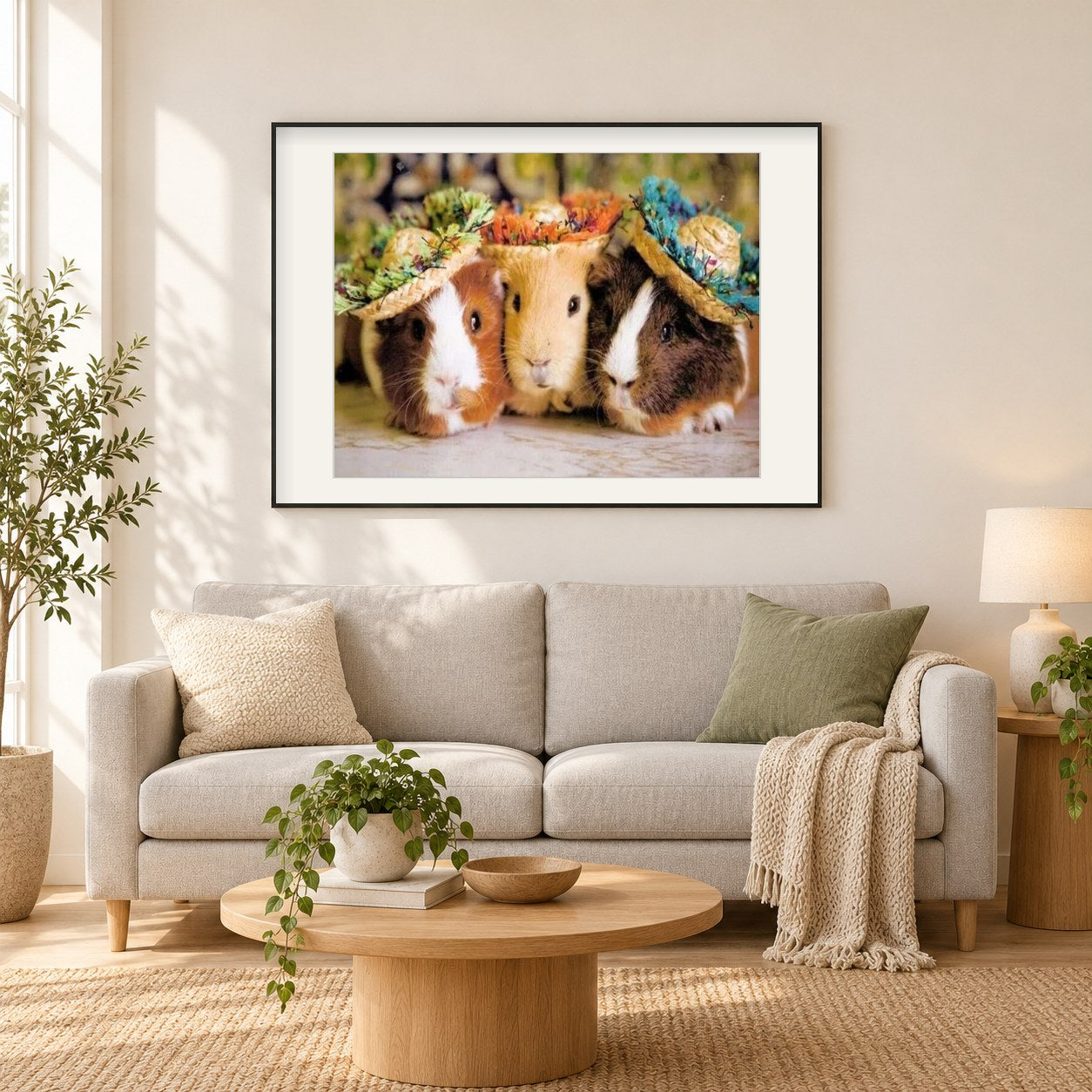 Drei Meerschweinchen in Hüten als gerahmtes Diamond Painting im Wohnzimmer